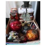 Candle holder, tins, glass ornaments and more