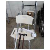 Walker, shower chair, canes and more