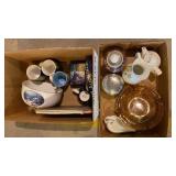 Coffee cups, tea kettles, plates