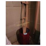 Metal trash can & crutches