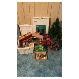 Christmas decor, mini trees, lighted snowman sign