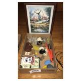 Decorative clock, playing cards, door knob