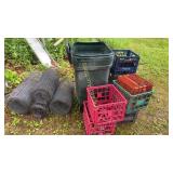 Milk crates, trash bin, fencing