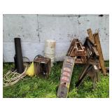 Saw horses, sprayers, dolly, tomato cages & more