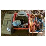 Extension cords, funnel, toolbox and contents