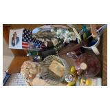 Clock, bobble head, brown jugs, more