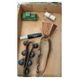 Cow bell, Cast Iron car, coon call & more