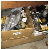 Tape measure, misc tools & hardware & wooden box