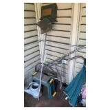 Hand plow, Watering can, stool & bird feeder