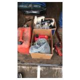 Fluids, gas cans, chain saw, and misc