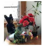 Flowers, vases, wood carved bear