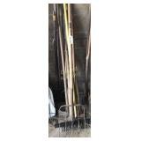 Metal rake, pitch fork, pick axe, hoe