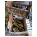 Magazine rack, leather pieces, wood rollers