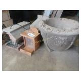 Bird feeders and concrete planter