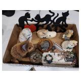 Cat figurines,  wind chime, thermometer and more
