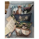 Tote of pillows, mostly cat, 2 embroidered