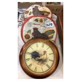 (2) Rooster pillows and rooster clock