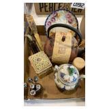 Cast Iron tea kettle, decorative plate, music box