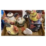 Chicken tea pot, jars, hen laying eggs