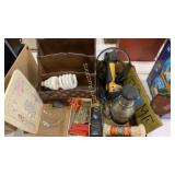 Farberware slicer, flashlight, headphones, sign