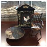 Snowman bowl, rooster key box , and small wooden