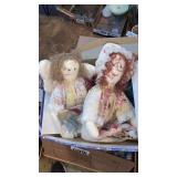 Handmade quilted dolls, yarn and baskets