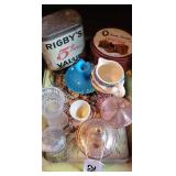 Trays, misc glassware and tins