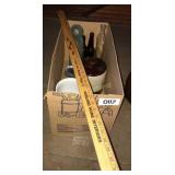 Glass bottles, candle holder, crocks and more