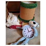 Vintage linens, clock and lamp shade