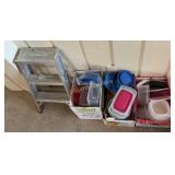 Misc plastic storage containers and step ladder