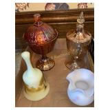 Fenton carnival candy dishs, bell, & vase.