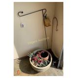 Garden hooks, owl, wind chime and pots