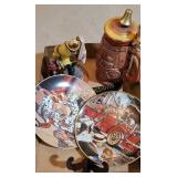 Fireman figurine, plates and stein