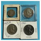(2) Franklin Halves + 1941 Walking Liberty Half +