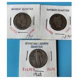 (3) Barber Quarters + (3) Standing Liberty