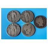 (3) Standing Liberty Quarters + (2) Barber