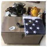 Metal tool box, American flag, misc tools