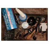 Vintage sewing/leather items, patches, hooks and