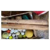 Baseball bats, golf balls, balls