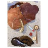 Gun powder flask, powder horn, leather case, more