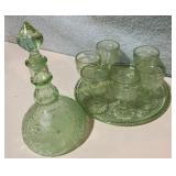 Green glass decanter, tray and glasses