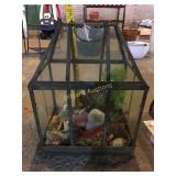 Glass "house" terrarium w/misc. decor inside