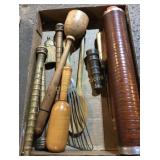 Misc spoons, hose nozzle, ice pick and more