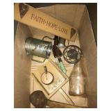 Sign, glass bottle, sifter and more