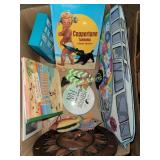 Metal signs, book, hooks and more