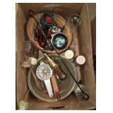 Wood bowl, glass baby bottles, milk bottle, more