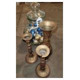 Jar Christmas ornaments, brass candlesticks, vase