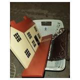 Basket, wood shelf and metal candle stand