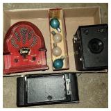 Vintage cameras,  radio and bulbs