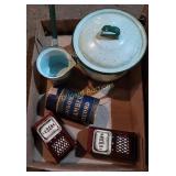 Edison record, tins and enamel pieces